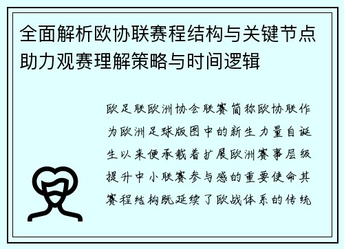 全面解析欧协联赛程结构与关键节点助力观赛理解策略与时间逻辑